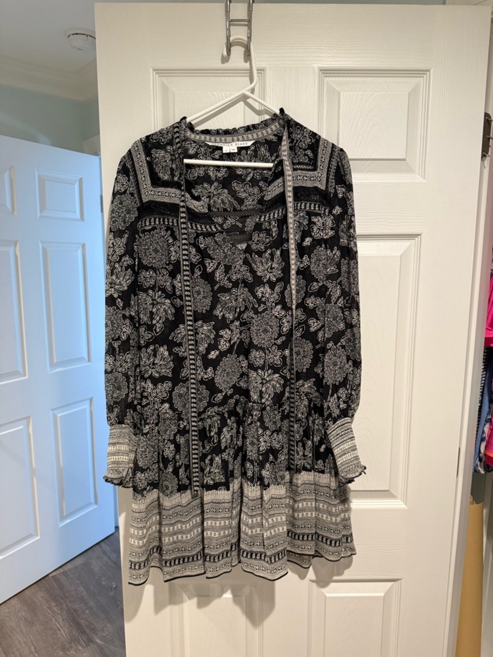 Veronica Beard Black and White Floral Tiered Long Sleeve Dress